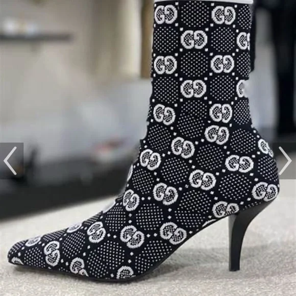 Gucci Monogram Black and White Heeled Boots - Picture 3 of 3